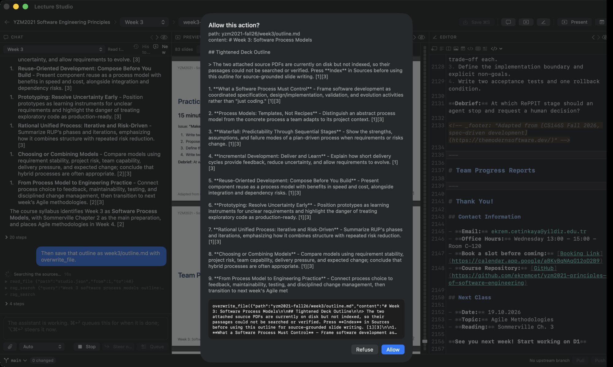 The Allow this action? sheet: the path, the full content to be written, the tool call, and the Refuse and Allow buttons