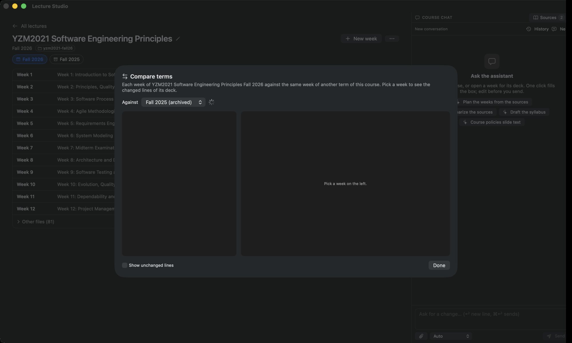 The Compare terms dialog: the Against picker, the unit list on the left, the line diff on the right