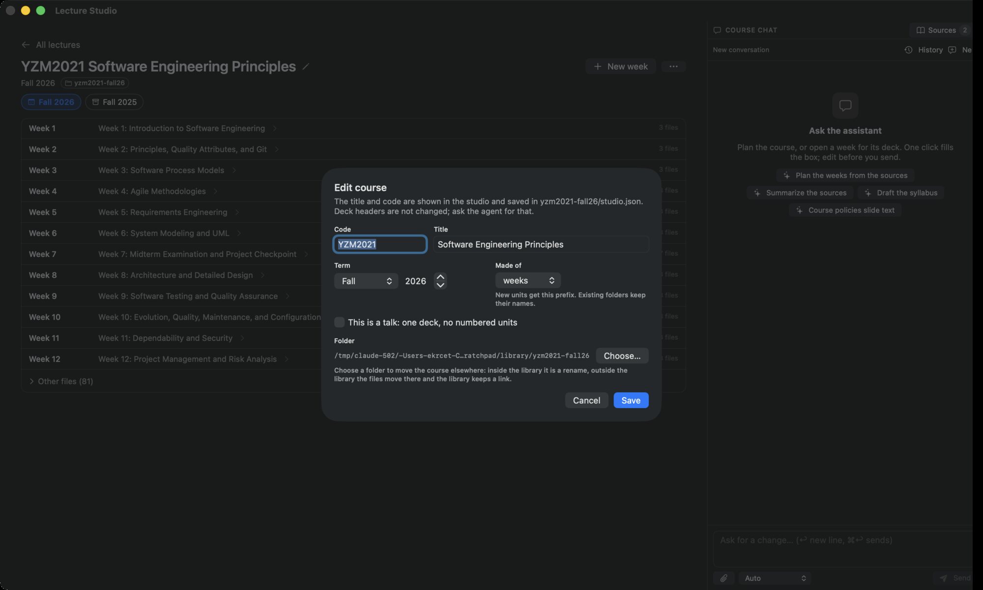 The Edit course dialog: Code, Title, Term, Made of, the talk toggle, and the Folder row with Choose… and Keep
