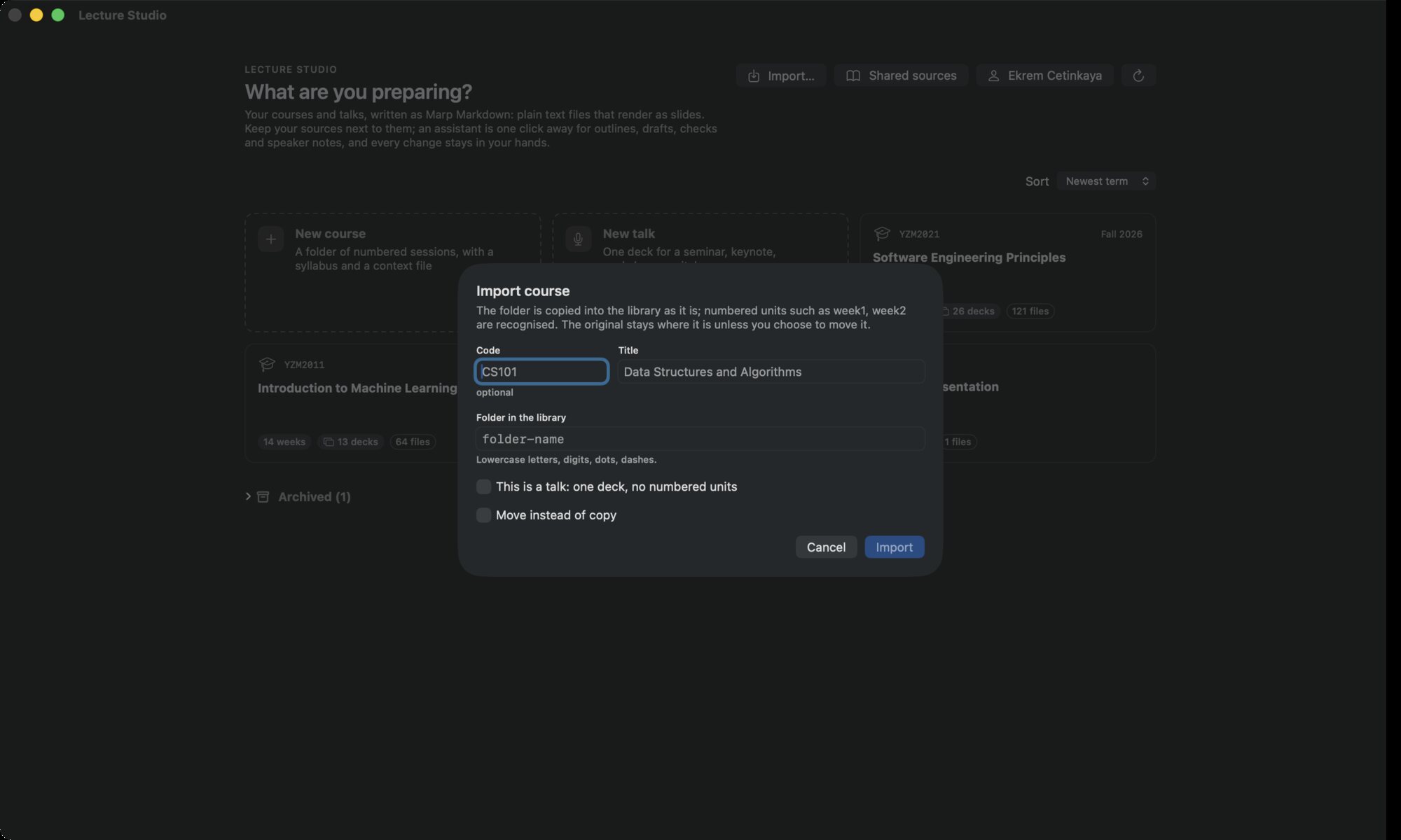 The Import course dialog: Code, Title, Folder in the library, the talk toggle, and Move instead of copy