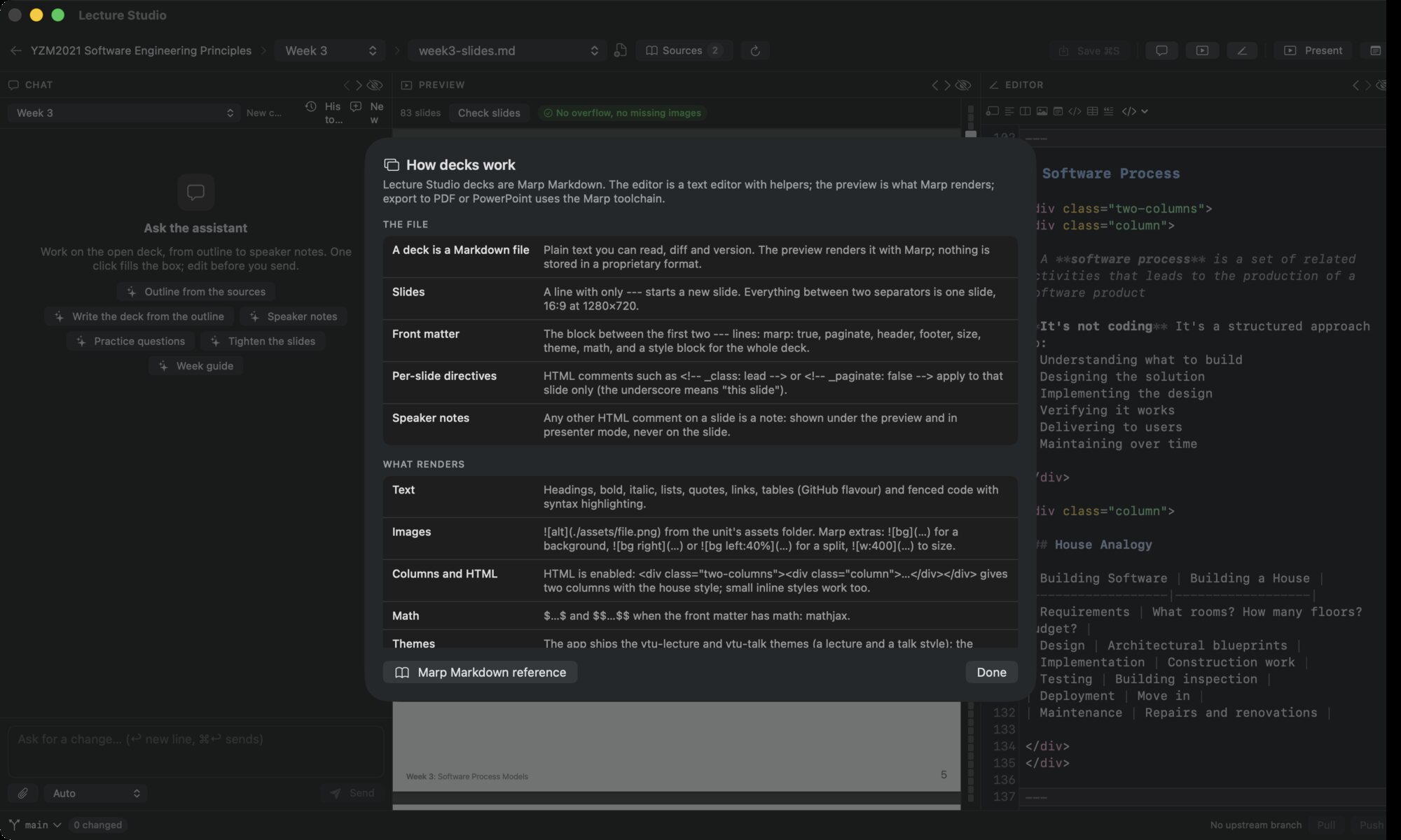 The How decks work sheet: two sections, The file and What renders, each a list of short rows