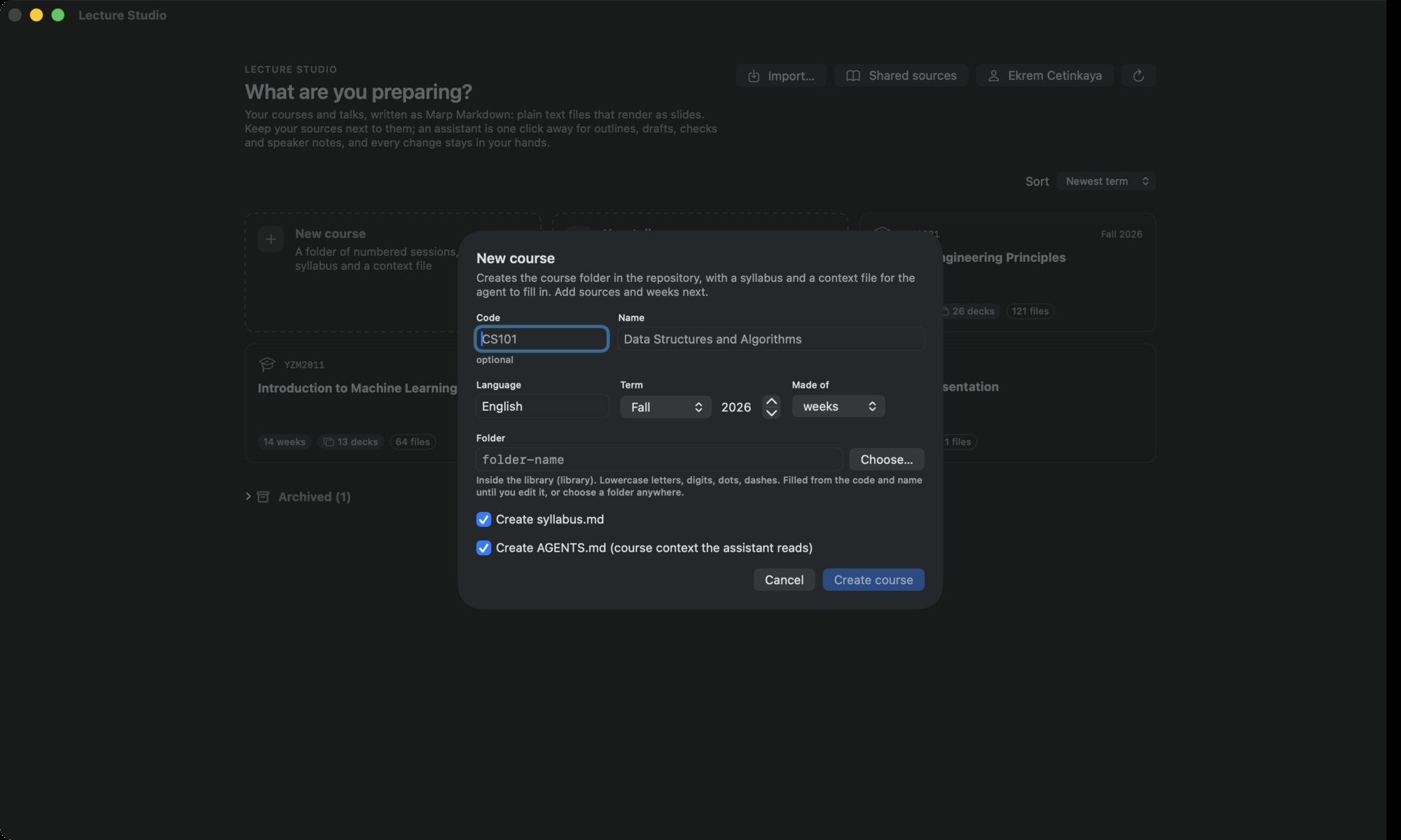 The New course dialog: Code, Name, Language, Term, Made of, Folder, and the two scaffold toggles