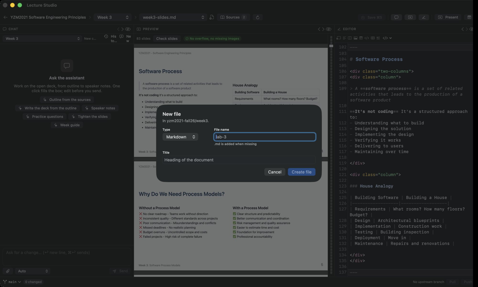 The New file dialog: Type, File name and Topic