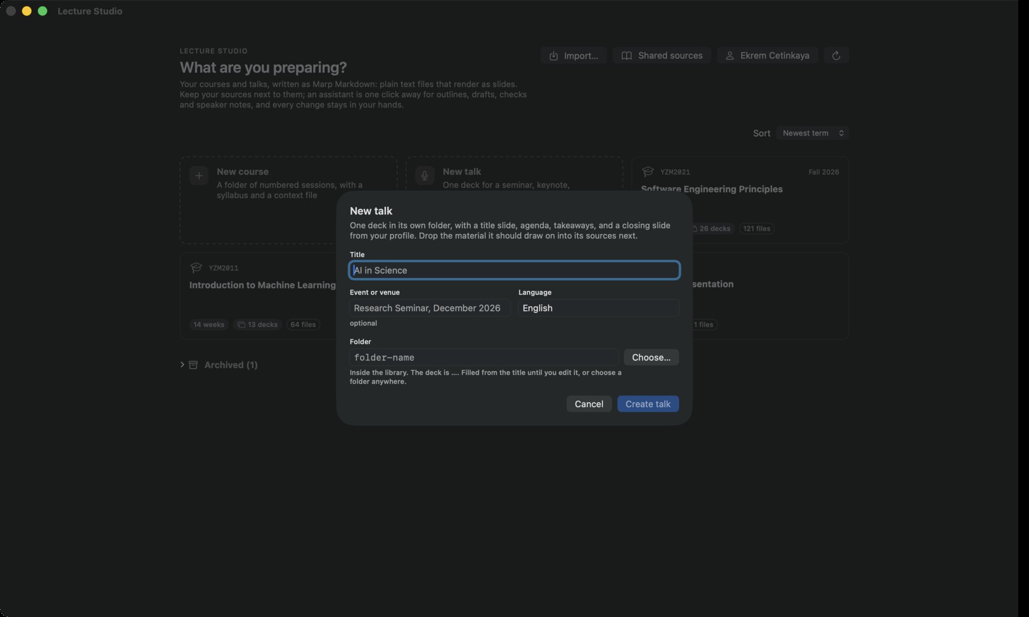 The New talk dialog: Title, Event or venue, Language and Folder