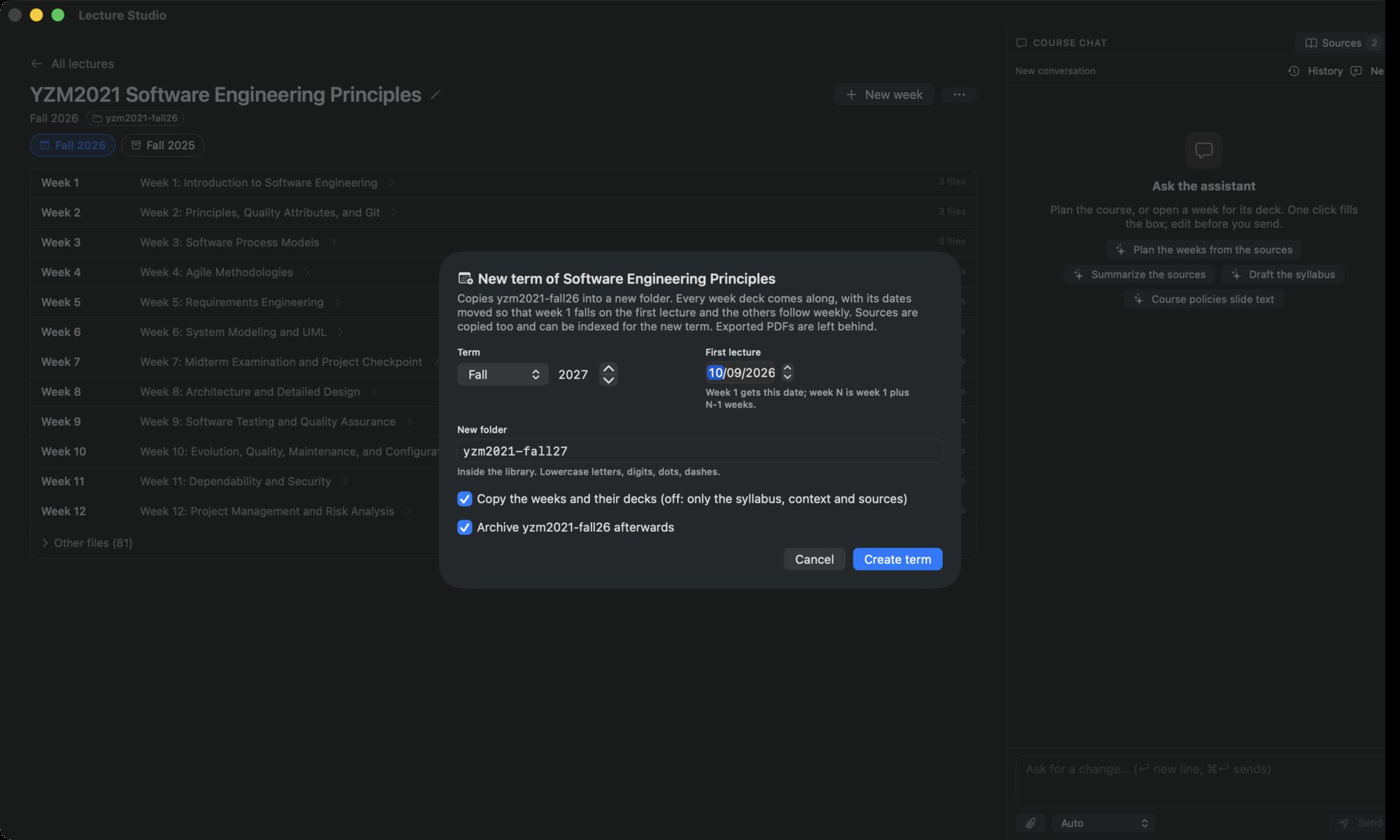 The New term dialog: Term, First lecture, New folder, and the toggles Copy the weeks and their decks and Archive afterwards
