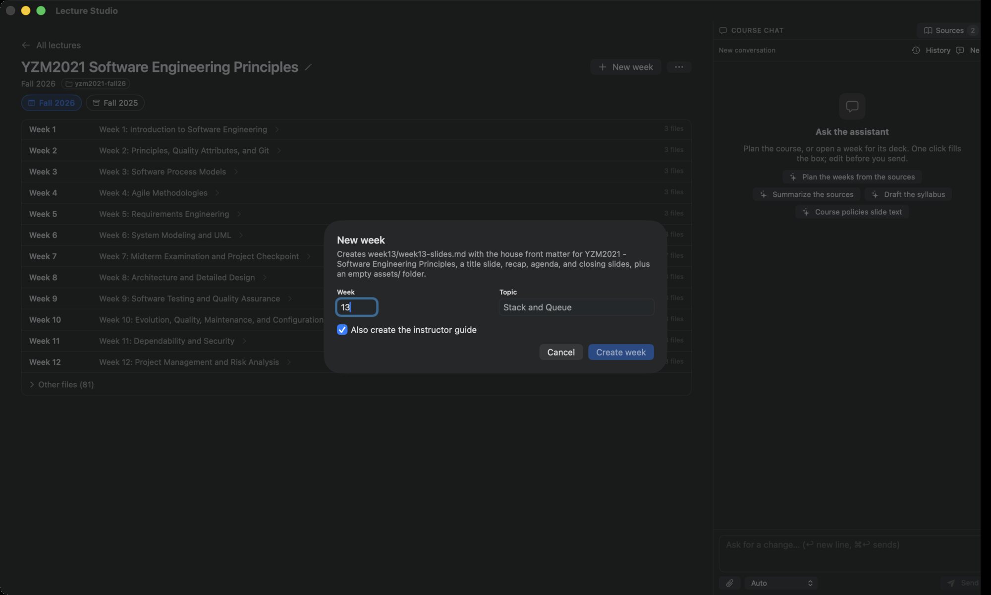 The New week dialog: the week number, the topic, and the instructor guide toggle