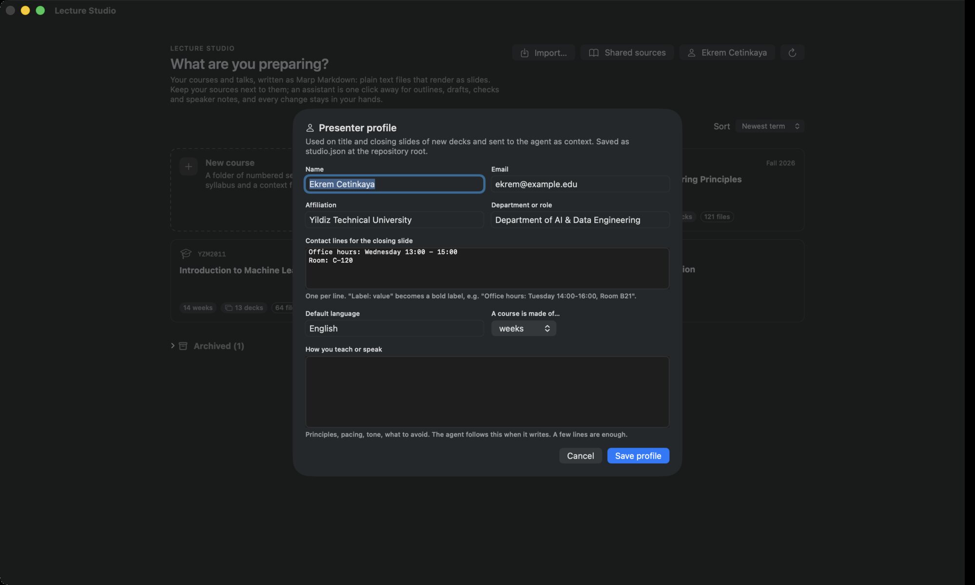 The Presenter profile dialog: Name, Email, Affiliation, Department or role, Contact lines, Default language, A course is made of, and How you teach or speak