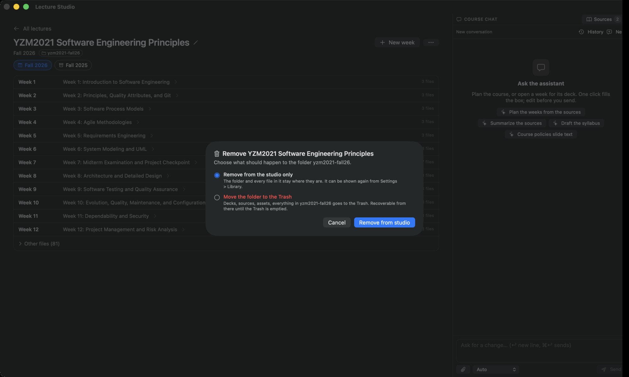 The Remove dialog: Remove from the studio only, or Move the folder to the Trash