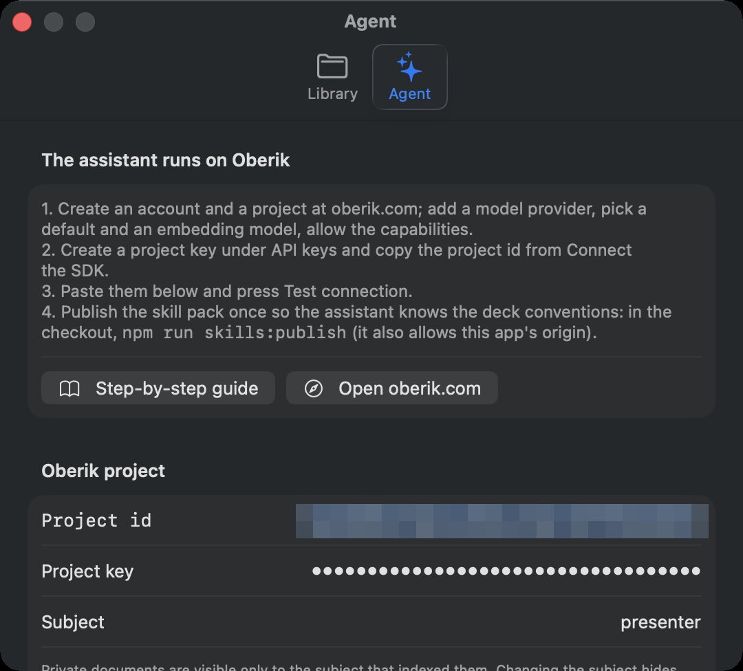 Settings, Agent tab: the four-step instructions, Step-by-step guide and Open oberik.com, and the Project id, Project key and Subject fields