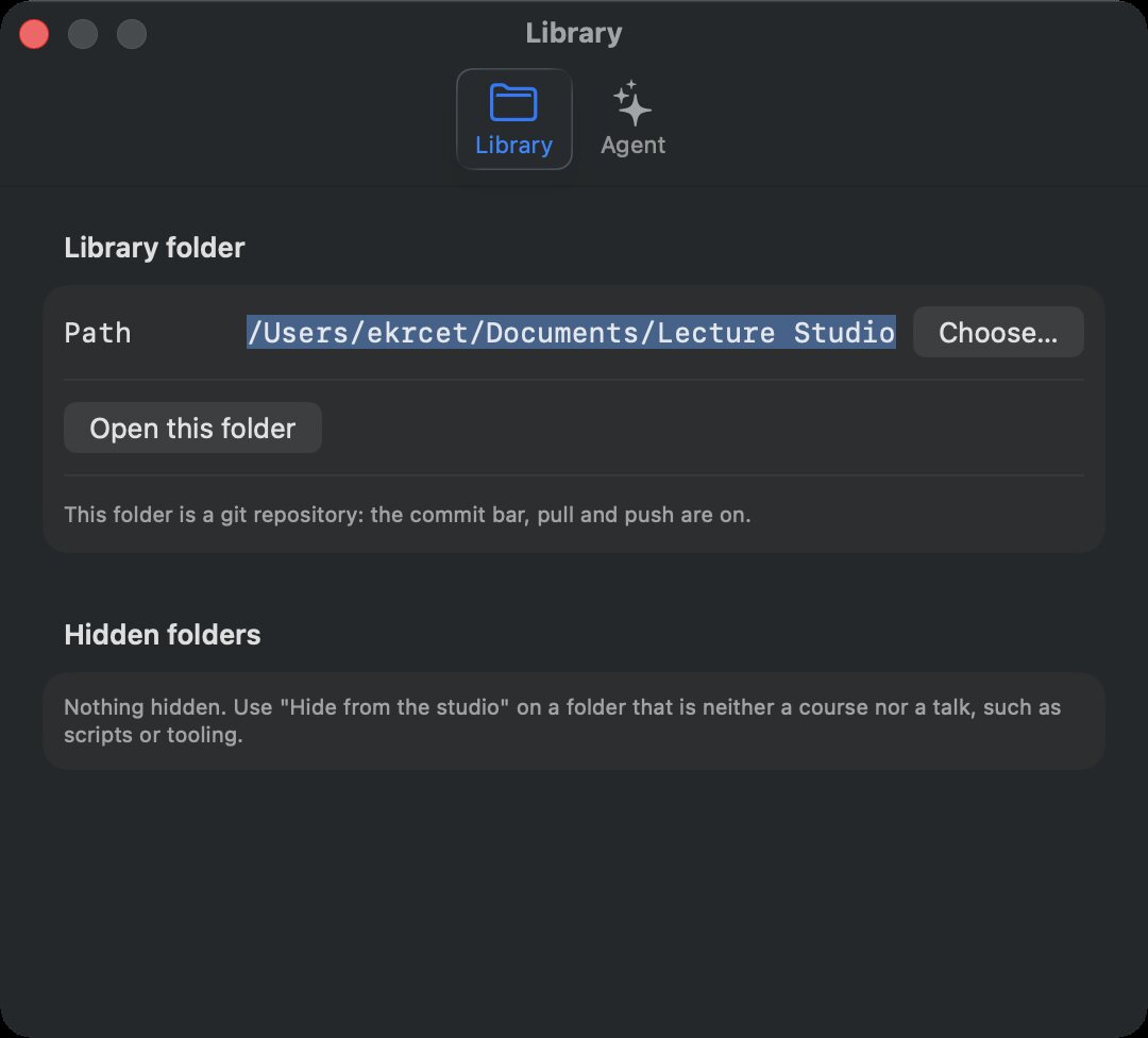 Settings, Library tab: the Path field with Choose…, Open this folder, the git note, and the Hidden folders section