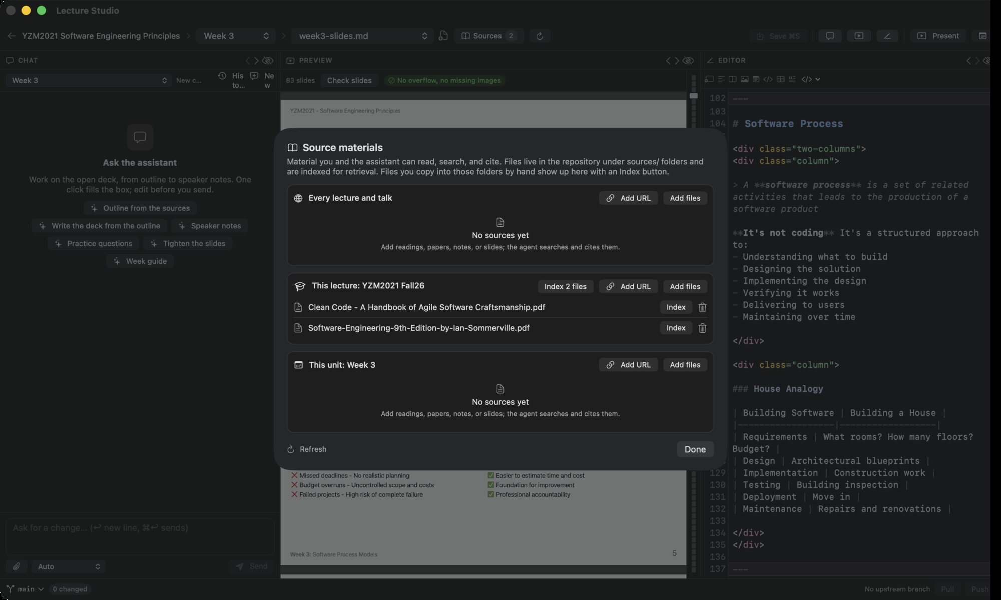 The Source materials dialog with its three sections: Every lecture and talk, This lecture, This unit, each with Add URL and Add files