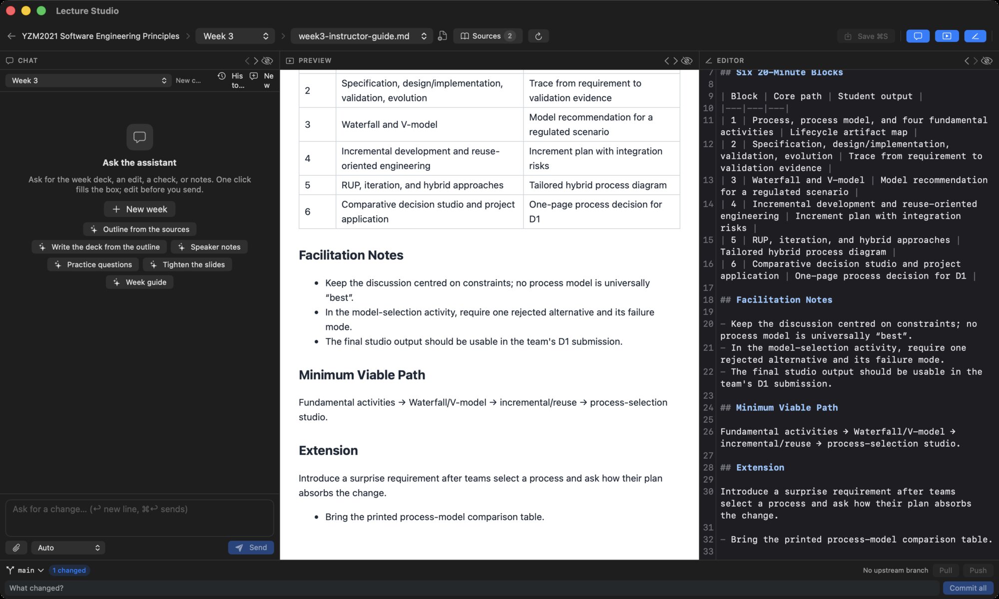The workspace with a Markdown document open: the editor on the right, the rendered document in the preview