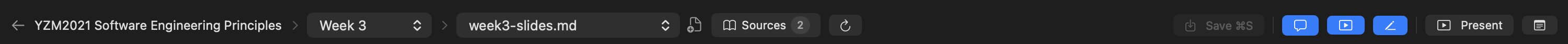 The header bar: back arrow, course name, unit picker, file picker, new file, Sources, refresh, Save, panel toggles, Present, notes toggle