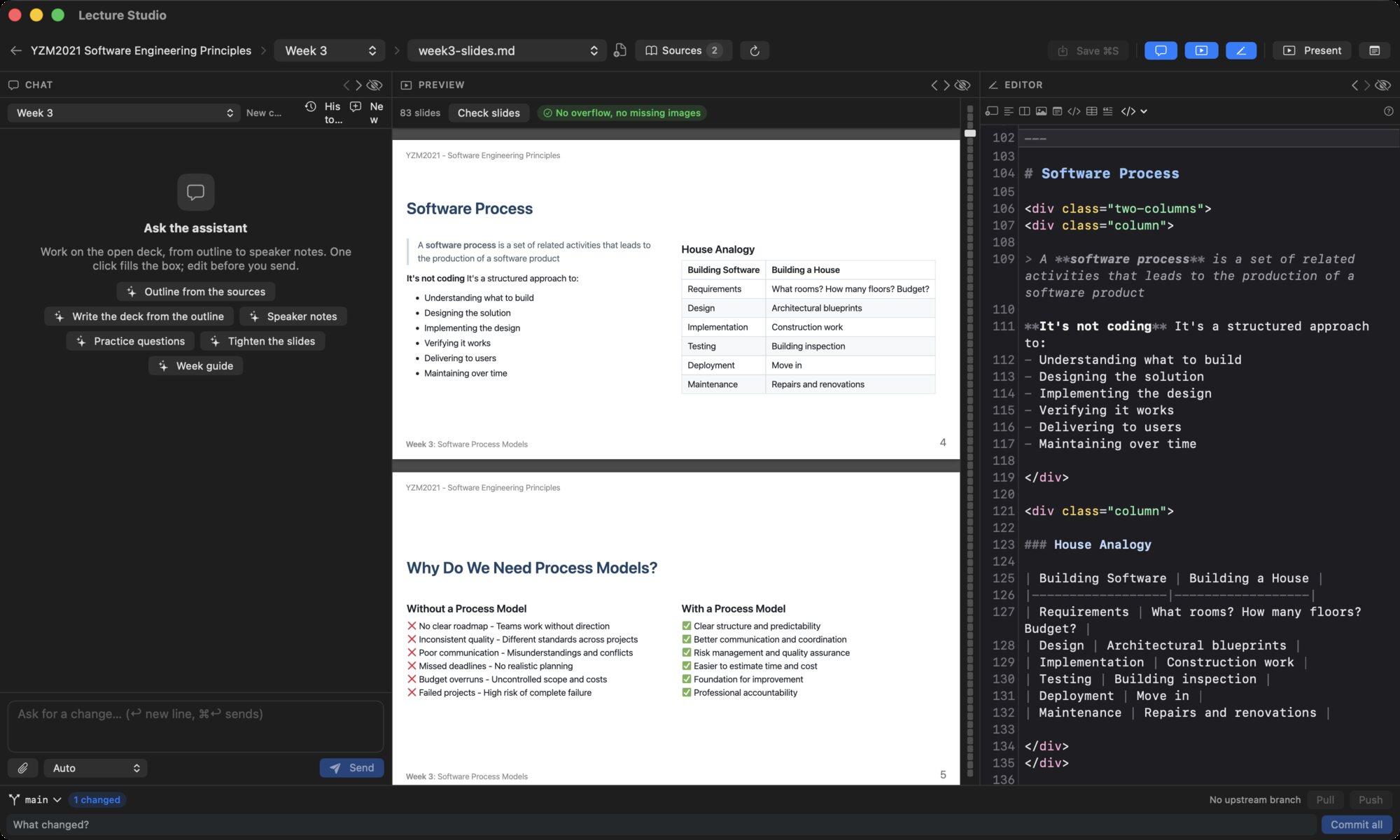 The workspace: header bar, chat, preview and editor panels, git bar