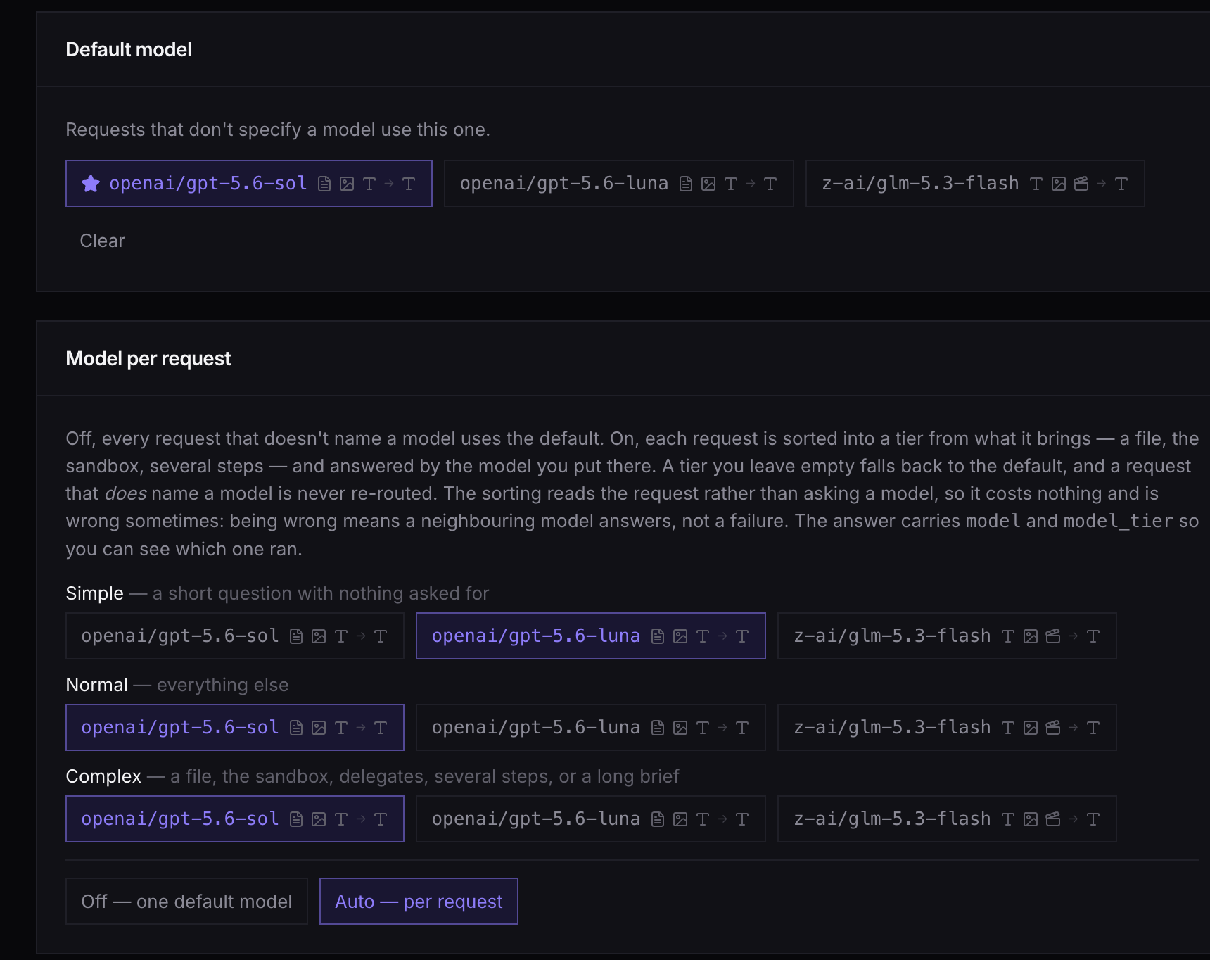 Default model and the optional per-request tiers.