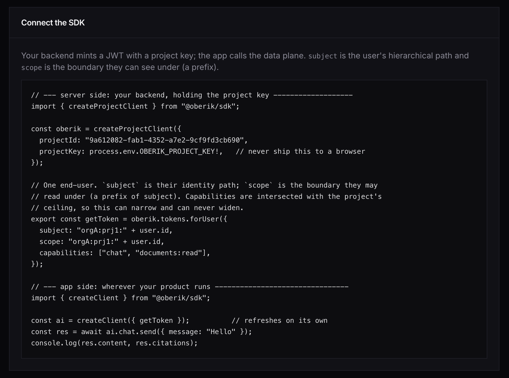 New key, and the project id in the SDK snippet.